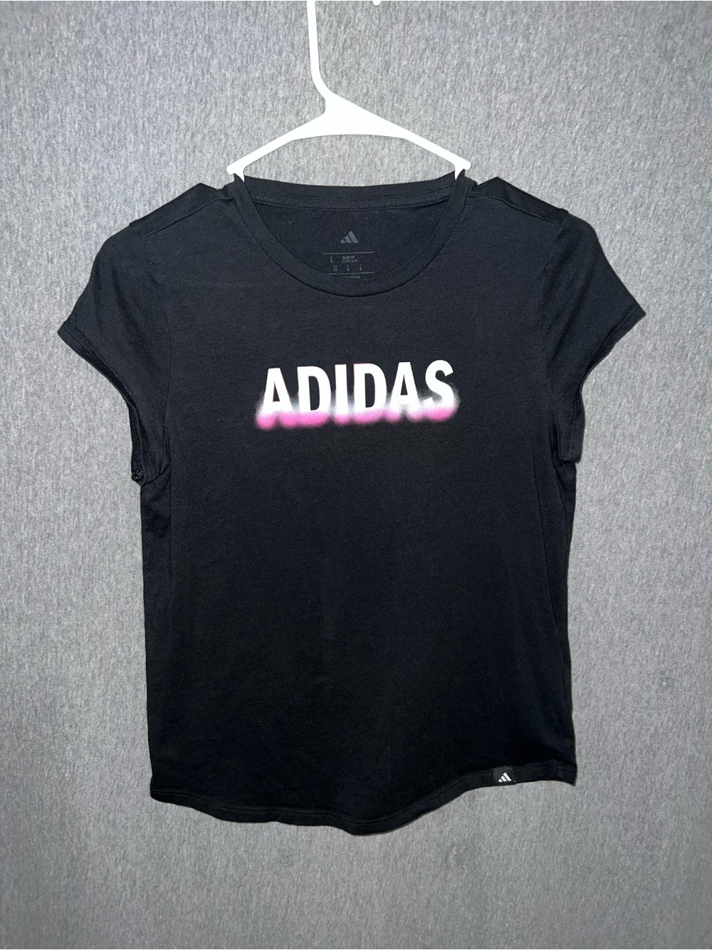 adidas Black Short Sleeve Tee with Pink-Accent Logo‎